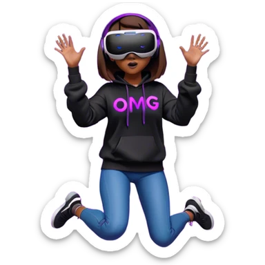 brown haired girl with a bob girl wearing black hoody with violet letters "OMG", in vr headset oculus quest2. jumping. Cyberpunk style. Violet neon. sticker
