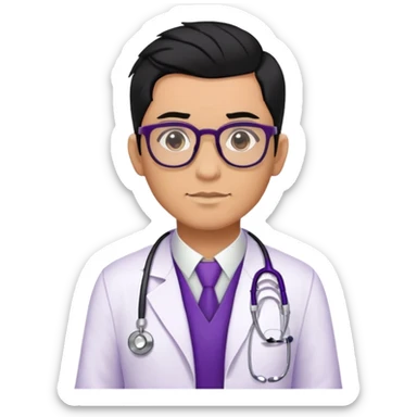Male doctor tan skin glasses black hair, piercings and tatoos, violet uniform and white bata sticker