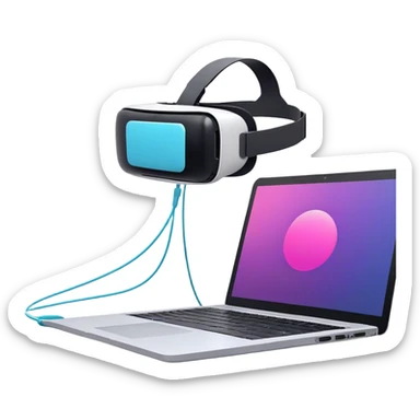 VR headset connected by a wire to a laptop. On the laptop screen, a VR/AR modeling soft is open. Floating 3D models or virtual objects. Modern, tech-inspired colors. No emojis or smiley faces. Transparent background. sticker