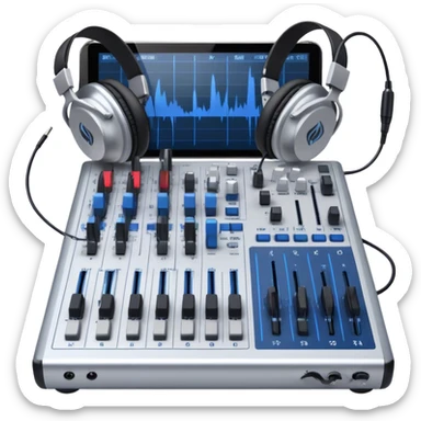 Create a professional and technical emoji that represents sound engineering. The design should feature a sound mixing console with faders, a pair of studio headphones, and audio waveforms to symbolize the precision and technicality of sound mixing and mastering. Include elements like a microphone or audio cables to reflect the recording aspect. Use colors like silver, black, and dark blue to represent the technical, yet artistic side of sound engineering. The background should be transparent. sticker