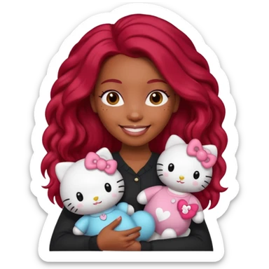 black woman with long brown and red hair, holding a hello kitty plushie  sticker