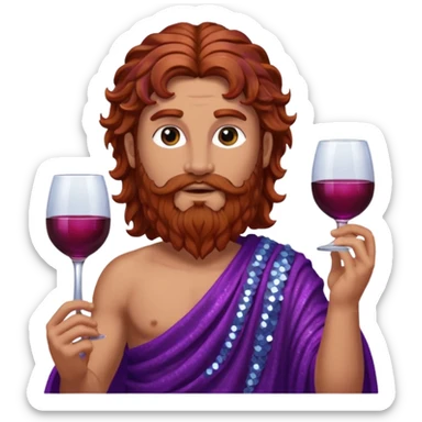 Liber, God of Wine from Roman Deities with long reddish brown wavy hair and beard, purple sequin toga  sticker
