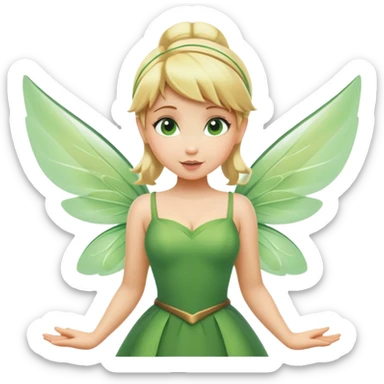 Tinkerbell fairy from hips up, green dress, blonde hair, wings, minimal style, larger size sticker