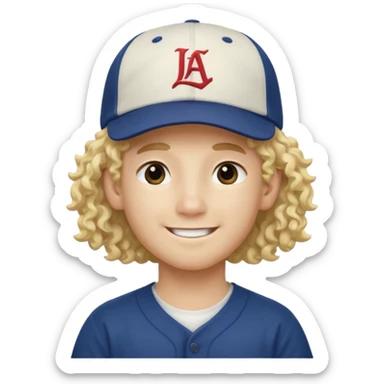 blonde boy with long curly hair past his hears and a LA baseball hat in japanese, smiling sticker