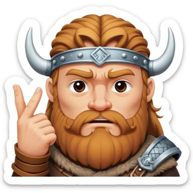  viking face with furrowed eyebrows looking upwards with thumb and index finger resting on its chin. sticker