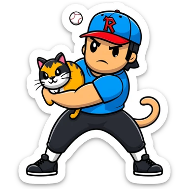 Razor Ramon from Sega WWF Mania video game in his signature pose defeating a cat in a baseball cap sticker