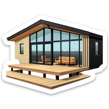 midcentury modern house with 1000 sqft and all windows and a sliding windows on corner. Single story. High ceilings, black and vertical wood slats for outside walls of home. Wood deck with complementary but different wood and shade from larger wood slats. With overhanging shade and slats. sticker
