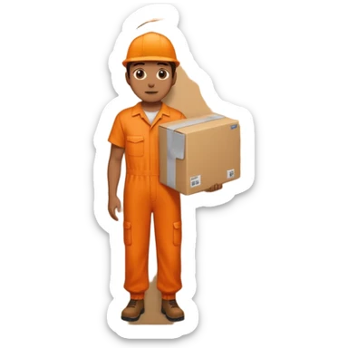 orange overalls carrying a large box sticker
