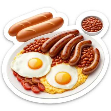 Cinematic Realistic English Breakfast Dish Emoji, showcasing a hearty ensemble of eggs, bacon, sausages, baked beans, and grilled tomatoes rendered with lifelike texture and vibrant, appetizing detail that exudes comforting tradition. sticker