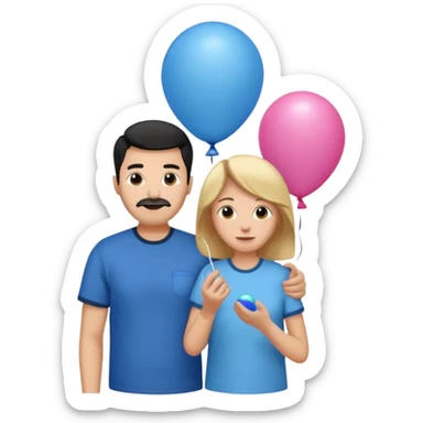 Mom in pink shirt dad in blue shirt holding 1 baloon black sticker