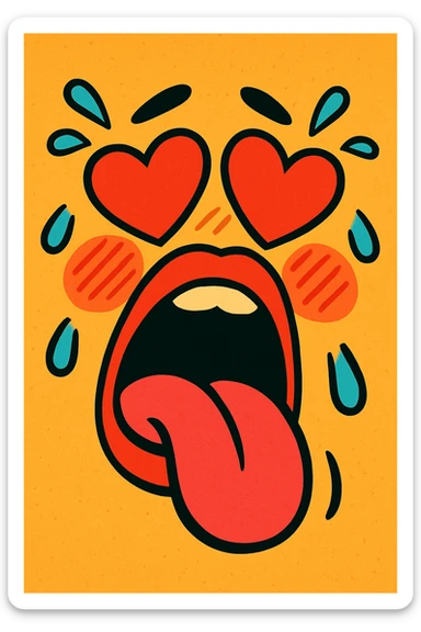 moaning mouth with heart eyes, blushing cheeks, and sweat drops, expressive vibrant toon style sticker