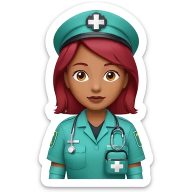 medium brown skin tone woman emoji with red burgundy hair in a paramedic uniform holding a medical bag sticker