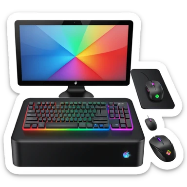 rgb gaming computer on black desk with a black keyboard and mouse sticker
