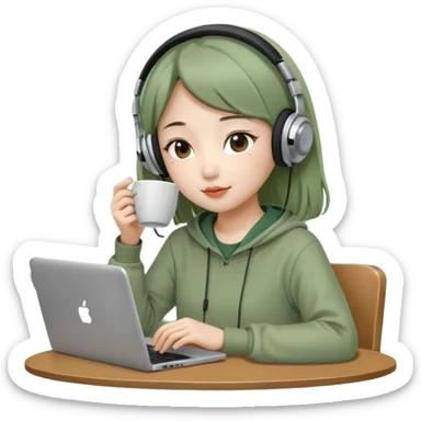 A Korean girl at a dive bar with a laptop and headphones with coffee watchin a korean drama the clothes in sage green sticker