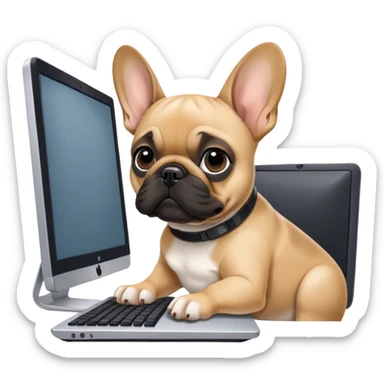 Fawn Frenchie with black muzzle working behind computer sticker