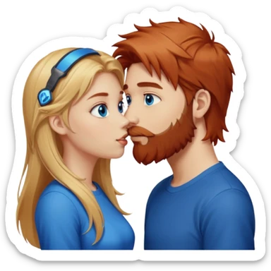 long blonde hair blue eyed gamer girl pink facing a reddish brownish hair and scruffy beard, blue eyed, white male whose holding her face kissing  sticker