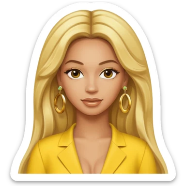 Beyonce with long blonde hair, yellow outfit and earring sticker