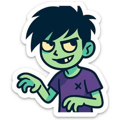zombie boy with messy emo hair, pale skin, mischievous expression sticker