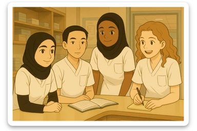 Recreate a scene faithfully inspired by the faces and characteristics of the four nursing students in the provided photos. They collaborate in a care station with a team atmosphere, in Ghibli style. They wear white short-sleeved uniforms with V-neck medical tunics, left chest pocket, no stand-up collar, no stethoscopes, nothing protruding from the sleeves. The setting is a care station with natural interaction among the students. sticker