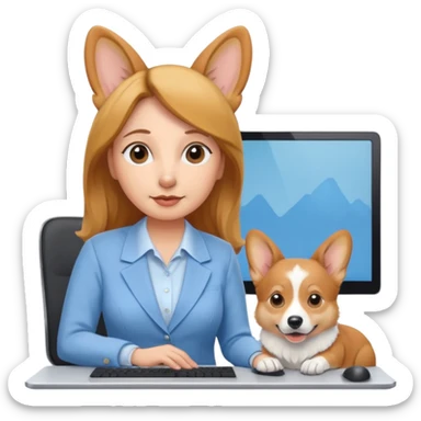 perrita caricatura gorgi gales ejecutiva con ropa celeste claro mujer frente a computadora sticker