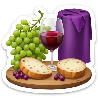Please make a wine glass with a red cloth, make some grapes and a whole round loaf of bread, and place them on an elegant board. sticker