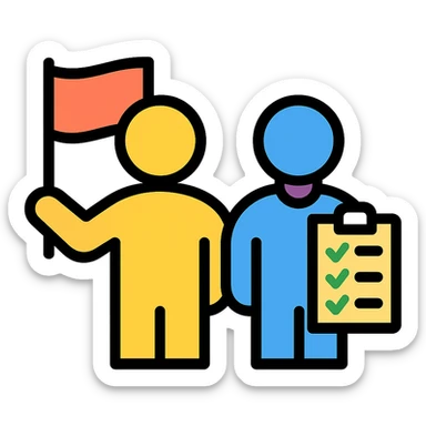 two figures side by side, one holding a flag representing a leader, the other holding a checklist representing a manager, highlighting their similarities and differences sticker