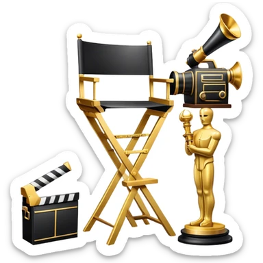 Icon for Directing: a director's chair, a large film camera, a megaphone, a stage set with lights and an Oscar statuette. The icon should represent the creative and leadership aspects of directing, with focus on film and theater production. Transparent background. sticker