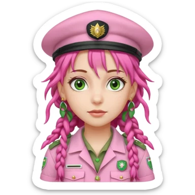 very pretty girl big green eyes, scout girl with pretty pink uniform, pink dreadlocks, and big earrings and scouts hat sticker