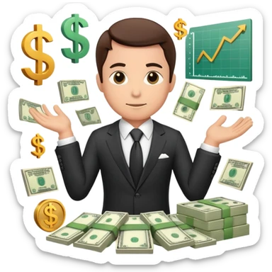 Professional financial expert with suit, tie, charts and money symbols sticker