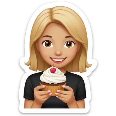 smiling girl in black shirt eating cupcake sticker