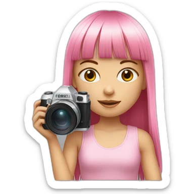 cute girl with long, straight rose hair with fringe and holding camera and wearing pink tank top sticker