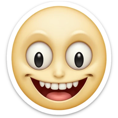 Pale emoji with completely vertical slit eyes, huge creepy grin from ear to ear, scary sticker