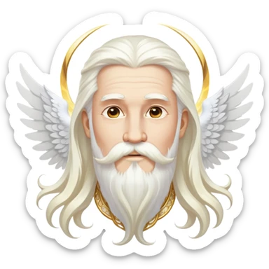 God-like figure with majestic white wings, long flowing white hair, beard and mustache, wearing gold dangle earrings, glowing aura sticker