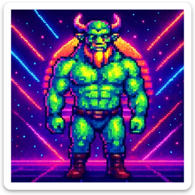 Add a neon background to the Techno Viking with glowing rave lights in pixel art style. Keep the pixel art style look and feel. sticker