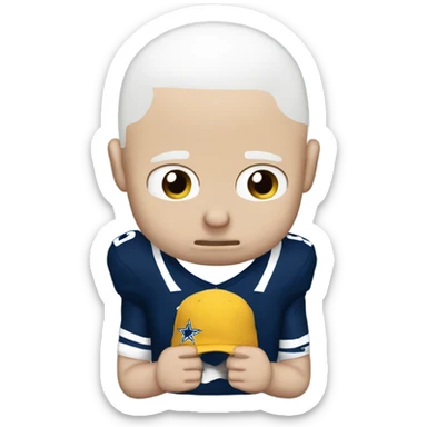 Bald white male holding Dallas Cowboys hat. He’s crying because he’s ashamed of being bald  sticker