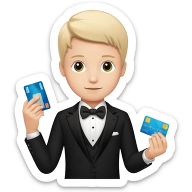 make a genmoji of a boy with a an amex card in hand and wearing a tux sticker