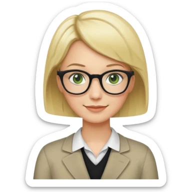 blonde teacher with short hair and green eyes and black glasses smiling sticker