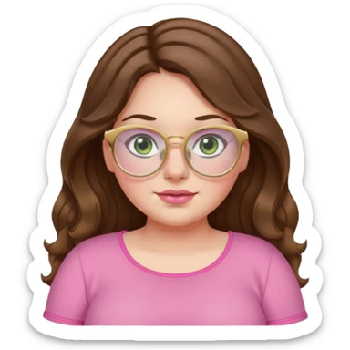 Girl girl long wavy brown hair with middle part, pale green eyes, plus size, pink girly top, gold rimmed glasses sticker