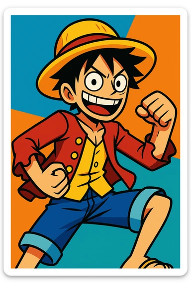 Monkey D. Luffy, vibrant toon style, dynamic pose, straw hat, grinning sticker