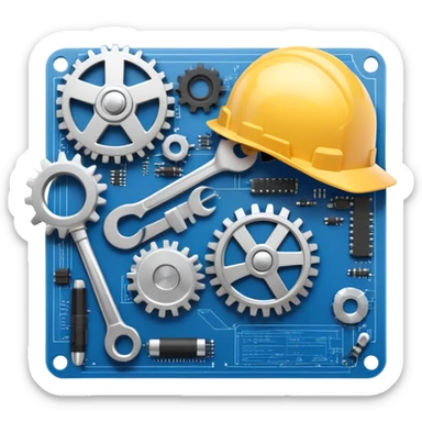 An icon featuring a gear, a wrench, and a blueprint, symbolizing engineering. The design includes a hard hat, a circuit board, and a ruler, representing problem-solving, design, and technological innovation across various engineering fields. Transparent background sticker
