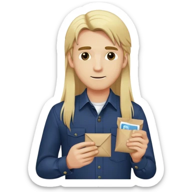 Guy with long straight blonde hair and navy button up holding a packet sticker