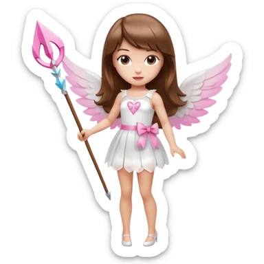 Hada de piel clara cupido pequeña  de cabello largo lacio castaño con flequillo y ojos cafés  vestida con algo sensual semitransparente corto color blanco o rojo con 1 arco y una sola flecha que combinen y labios rositas tipo Barbie pero en hada cupido de cuerpo completo de pies a cabeza   sticker
