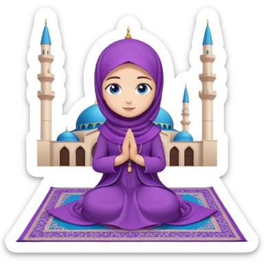 Turkish beautiful finish Konya girl blue eyes with purple flower hijab long tail dress and sits on the pray mat namaz on the ground with Islamic dua  sticker