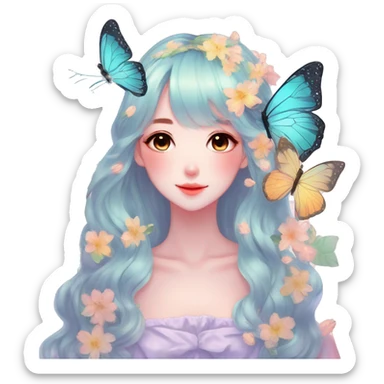 Gorgeous Shiny Pastel Anime-Style Lady Butterflies flower petals leaves around cottage core pastelcore kawaii aesthetic trending style sticker