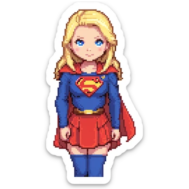 Supergirl superhero full body, blue suit with red skirt, red cape, blonde hair, and S emblem on chest sticker
