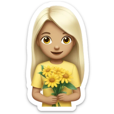  white skin child with black long straight hair wearing a pastel yellow jumpsuit with white shirt in it and carrying a flower arrangement in her hands sticker