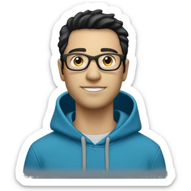 white male with short messy black hair, wearing glasses, blueish hoodie with a Dell (company) logo on it sticker