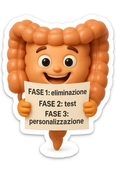 emoji stile iphone 3d di un intestino che tiene in mano un foglio con la scritta "FASE 1: eliminazione, FASE 2: test, FASE 3: personalizzazione, IPERREALISTICO 4K sticker