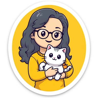 Young woman with warm yellow skin tone, oval face, long black wavy hair, thin-framed glasses, smiling while holding a grayish-white Munchkin cat with short legs and gray marking under its mouth sticker