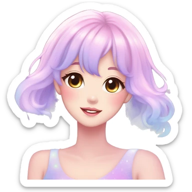 Gorgeous pastel anime style lady blushing nebula gradient sparkle face dreamy idol model colorful shiny stars galaxy kawaii cottagecore pearly petite simplistic aesthetic trending style sticker